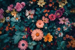 A vibrant floral background featuring a variety of colorful flowers and lush greenery. photo