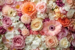 A vibrant floral backdrop with a variety of pink, peach, and white flowers, creating a romantic and delicate atmosphere. photo