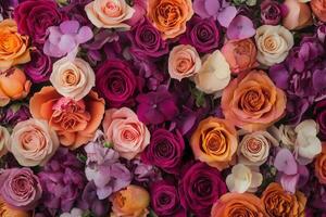 A vibrant floral background featuring an array of pink, purple, and orange roses. photo