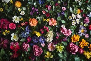 A vibrant floral pattern of various flowers in bloom against a dark background. photo