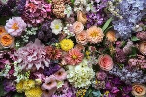 A vibrant mix of colorful flowers, including roses, hydrangeas, dahlias, and more, create a stunning floral backdrop. photo