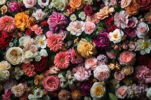 A vibrant mix of colorful flowers arranged in a flat lay composition. photo