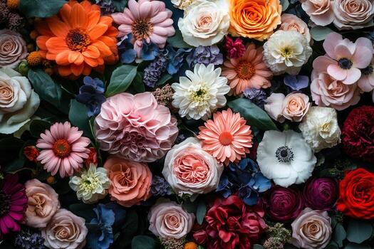 A vibrant mix of colorful flowers and greenery create a stunning floral backdrop. photo