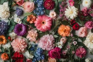 A vibrant mix of colorful flowers arranged on a white background. photo