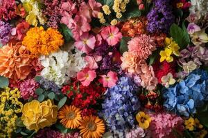 A vibrant mix of colorful flowers in full bloom. photo