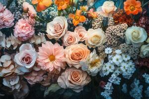 Close up of a bouquet of pastel pink, white, and peach roses and other flowers. photo