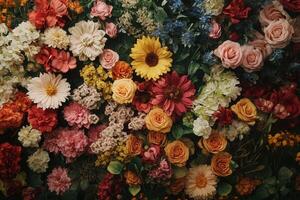A vibrant wall of colorful flowers, including roses, daisies, carnations, and sunflowers, creates a cheerful and festive backdrop. photo
