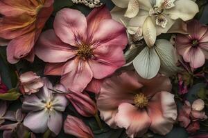 A vibrant mix of pink, white, and orange flowers against a dark background. photo