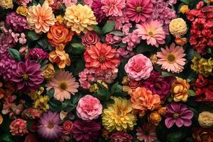A large group of colorful flowers are arranged on a black background photo