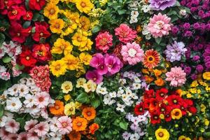 A vibrant wall of colorful flowers in full bloom. photo