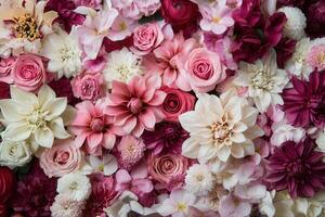 Close-up of a floral arrangement with pink, white, and red flowers. photo