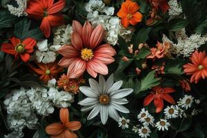 Close-up shot of a colorful bouquet of various flowers with green leaves. photo