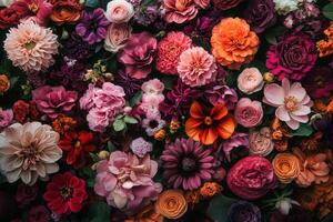 Closeup vibrant floral pattern with various red, pink, and orange flower blossoms. photo