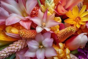 Close-up vibrant bouquet of tropical flowers in pink, orange, and yellow hues. photo