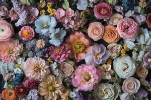 Colorful assortment of fresh flowers on a black background. photo
