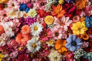 Colorful floral arrangement with various types of flowers, creating a vibrant and textured background. photo