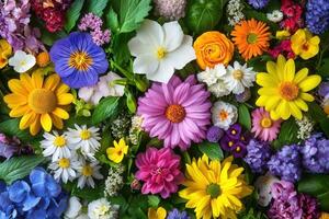 Colorful floral background with various flowers and greenery. photo