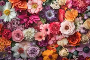 Colorful floral background with various flowers in pink, orange, red, purple, and white hues. photo