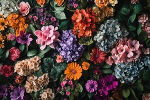 Colorful floral background with various flowers and green leaves on a black background. photo