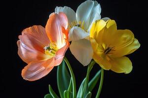 Three tulips in orange, white, and yellow against a black background. photo