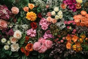 Colorful flower wall with various blooms in vibrant hues. photo