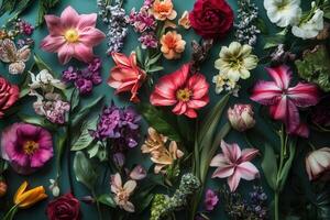 Colorful flowers and greenery arranged on a teal background. photo