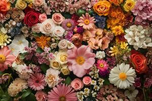 Colorful floral arrangement with various blooms and greenery. photo
