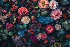 Colorful floral arrangement with various flower types in pink, purple, blue, and red hues. photo