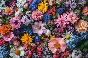 Colorful vibrant flower arrangement with multiple types of flowers. photo