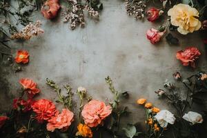 Floral frame with orange, yellow, and pink flowers on a gray background. photo