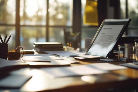 A laptop with a document open on the screen sits on a desk with a stack of papers, a book, a pen holder, and a glass of water, with sunlight streaming through the window. photo