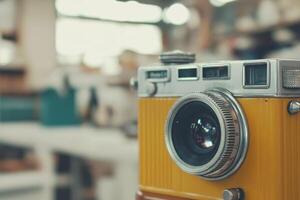 Close-up of a vintage yellow camera with a blurred background. photo