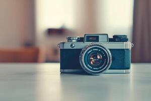 A vintage silver and black camera sits on a white table, lens facing the viewer. photo