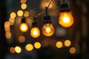 String of warm white lights illuminate a patio at night. photo