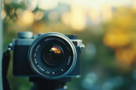 de cerca de un Clásico cámara lente con un borroso puesta de sol antecedentes. foto