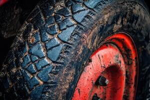 Closeup of a dirty tire with tread. photo