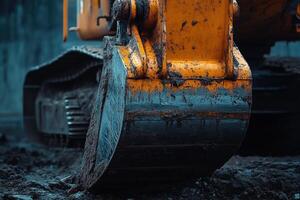 Close-up of a muddy excavator bucket. photo