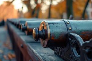 Close-up of a row of old cannons in a park setting. photo