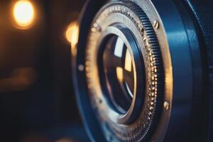 Closeup of an old camera lens with a blurry light in the background. photo