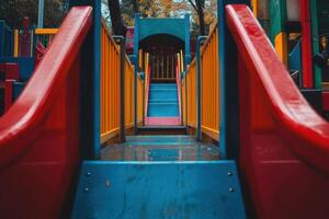 View of a colorful playground slide from the bottom. photo