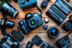 Flat lay of various photography equipment on wooden background. photo