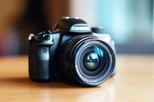 A black DSLR camera with a lens attached, sitting on a wooden table. photo