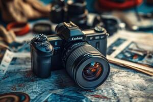 A black DSLR camera with a lens on top of a map. photo