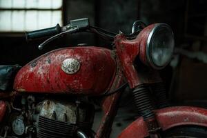 A vintage, red motorcycle with rust and patina. photo
