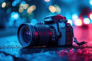 A DSLR camera on a city street at night with blue and red lights reflected in the lens. photo