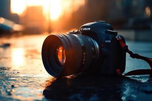 A DSLR camera with a lens on a wet pavement with a blurred sunset in the background. photo