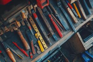 An assortment of woodworking tools laid out on a workbench. photo