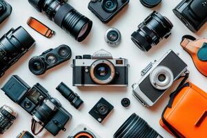 A flat lay of various cameras and lenses on a white background. photo