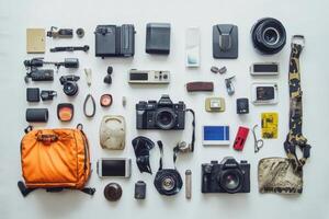A flat lay of a photographer's gear, including cameras, lenses, filters, and other accessories. photo