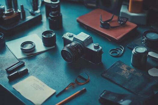 A photographer's workspace with a camera, lenses, and other equipment on a table. photo